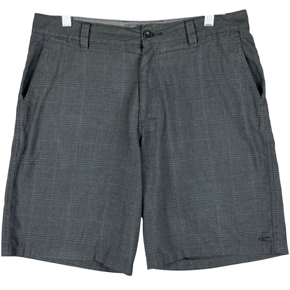 O'Neill Men's 34 Plaid Hybrid Walk Shorts Charcoal Grey Black Surf Travel Casual